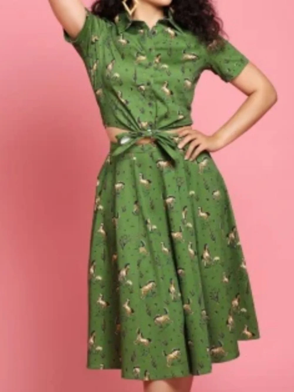Collectif Matilde Wild West Skirt Green Horse Cactus Print Swing Midi S